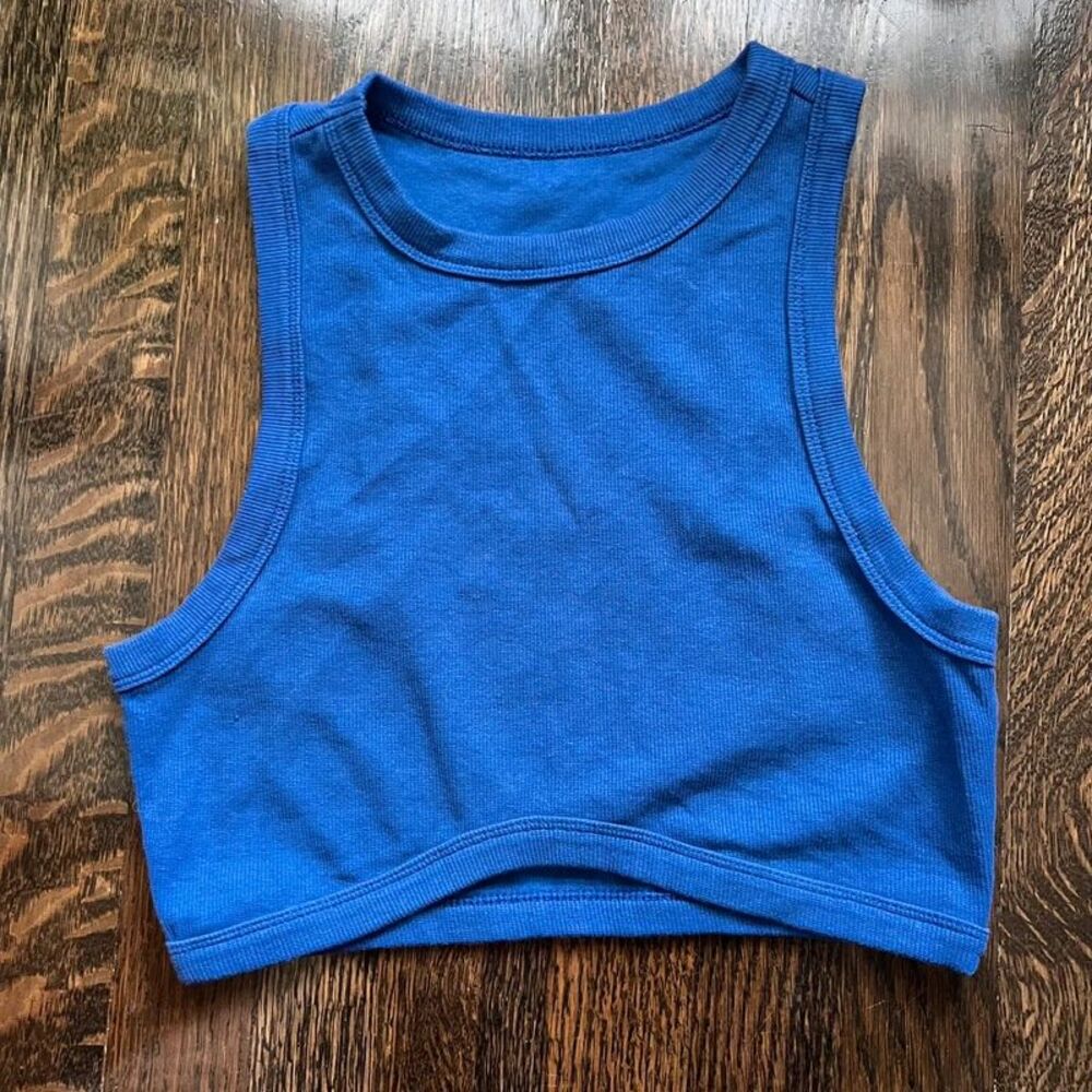 Boho blue high neck cropped workout tank top